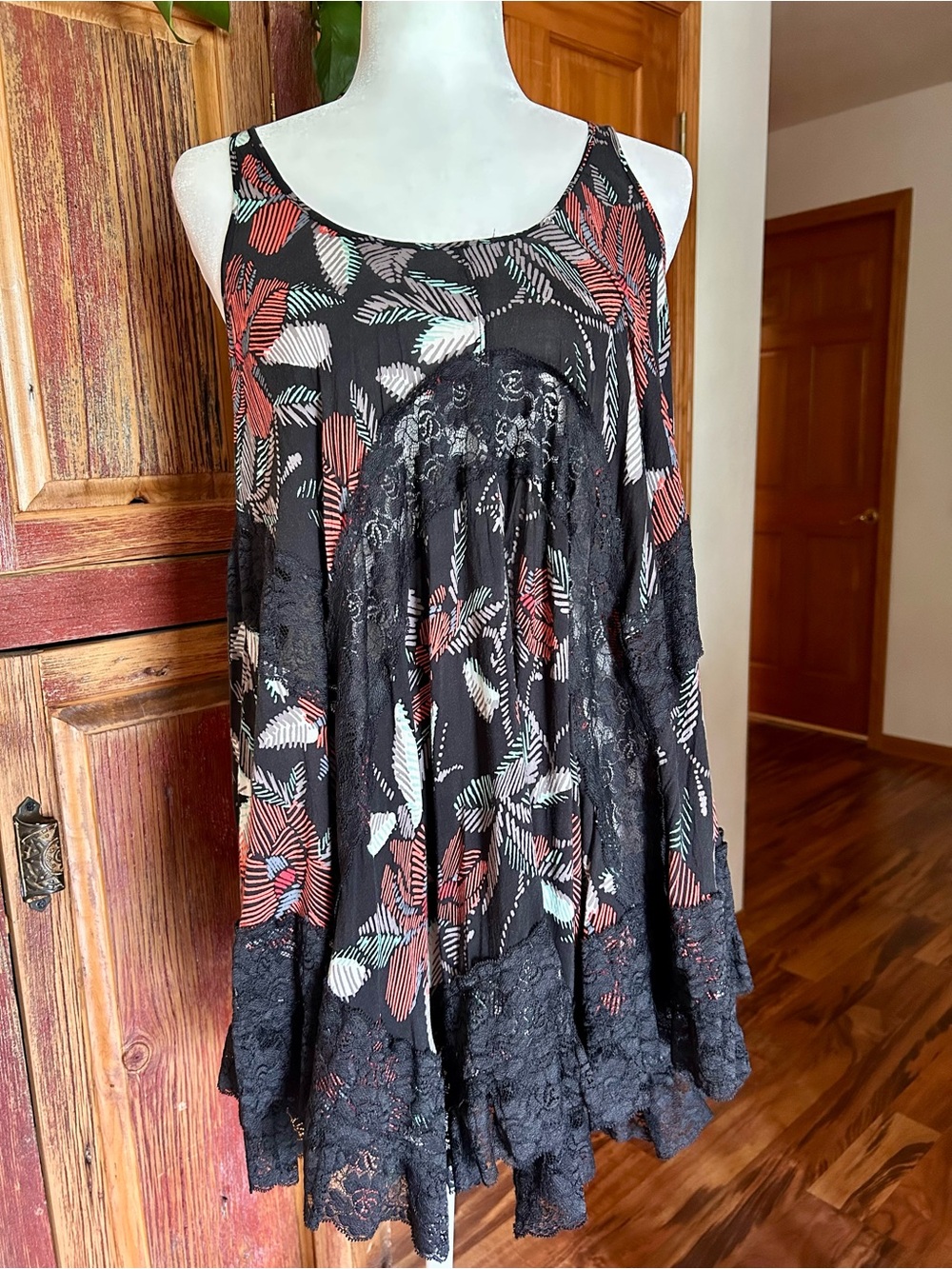 Free People She Swings Slip Dress. Black Floral Lace-Trim Swing Dress
